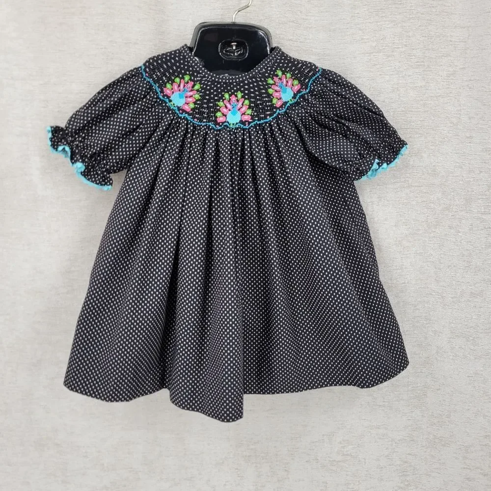 Stellybelly Turkey Thanksgiving Smocked Black Polka Dot Ricrac Trim Girls' Top
